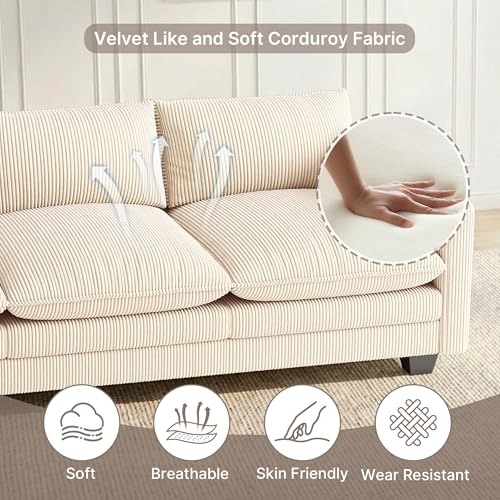 Image of Gizoon 110'' Oversized L Shaped Couch for Living Room, Cloud Couches with Washable Corduroy Cover, Modern 4-Seater Comfy Deep-Seat Sofa with Movable Ottoman and 2 Throw Pillows for Apartment, Beige