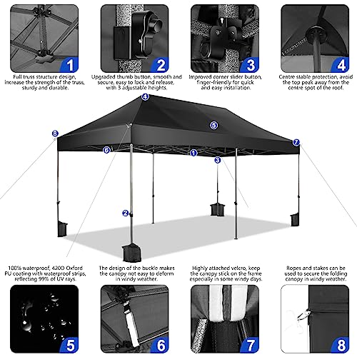 COBIZI 10x20 Heavy Duty UPF 50+ All Weather Tent with 6 Sidewalls & Roller Bag, Black