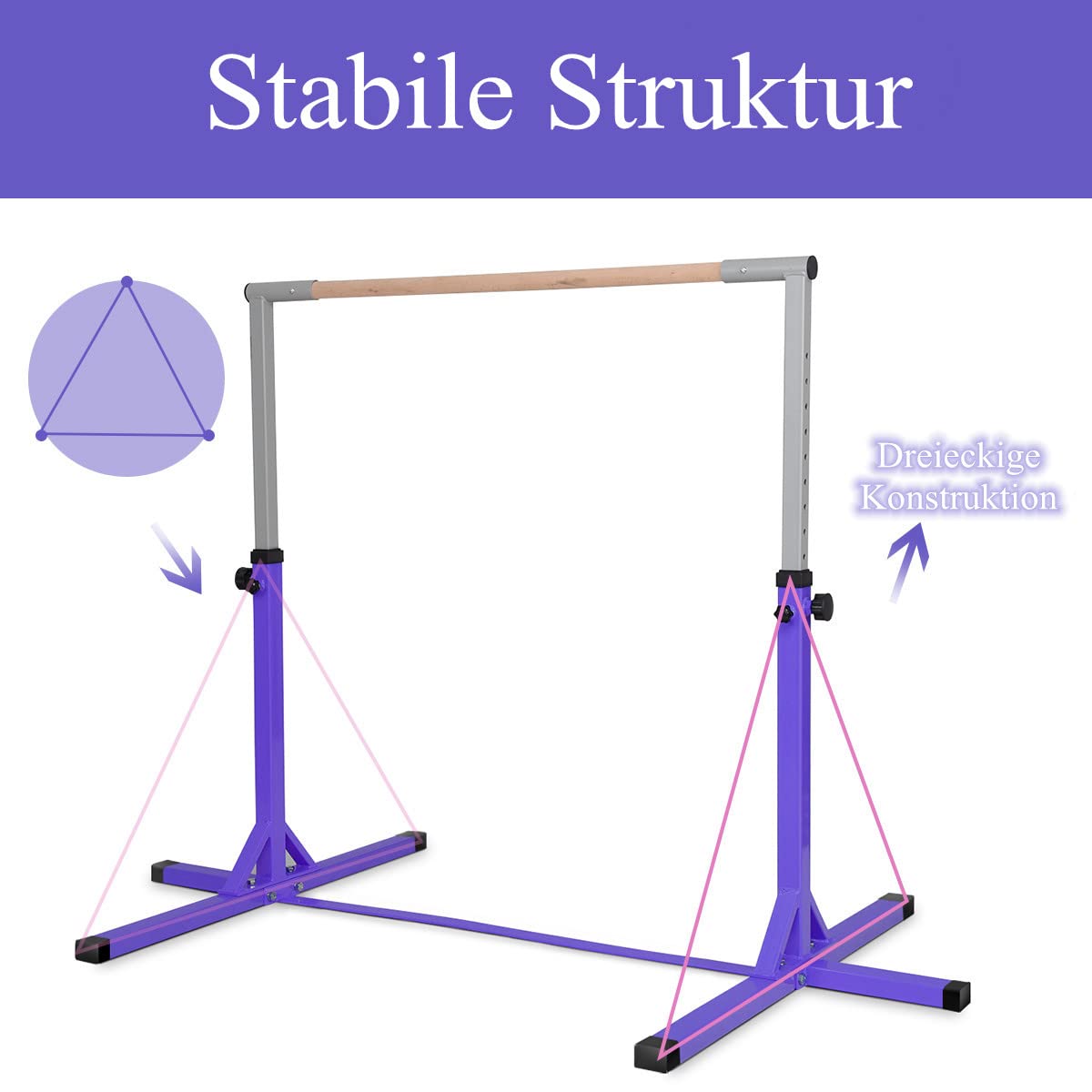 RELAX4LIFE Gymnastik Turnreck, Kinder Reck 12-stufig höhenverstellbar: 91 cm-150 cm, Turnstange mit stabilem Ständer & Doppelschlosssystem, Reckstange bis 100kg belastbar, aus Holz & Stahlgestell