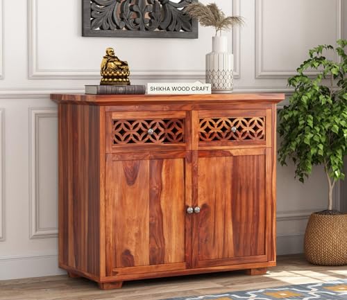 Image of SHIKHA WOOD CRAFT Solid Sheesham Wood Sideboard Cabinet With 2 Drawers and 2 Door Storage | Wooden Multipurpose Cabinet Storage Furniture for Living Room, Bedroom, Home, Kitchen (Natural Honey Finish)