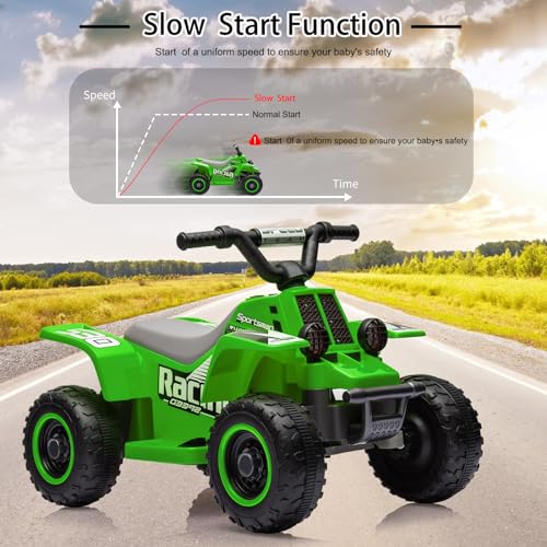 Hetoy 6V Kids Ride On Car, 4-Wheeler Quad ATV Play Car for Kids, 1.76MPH Max Speed, Ride On Toy for Boys & Girls Gift, Rubber Handles, Push-Button Accelerator, Green