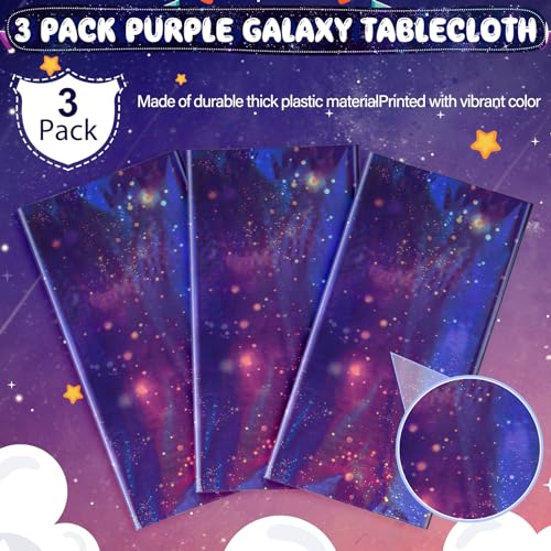 Image of 3Pcs Iridescent Space Tablecloths, Disposable Plastic Purple Galaxy Table Cloth Rectangle Table Covers for Space Starry Night Star Theme Party Birthday Party Decorations, 54x108 Inch