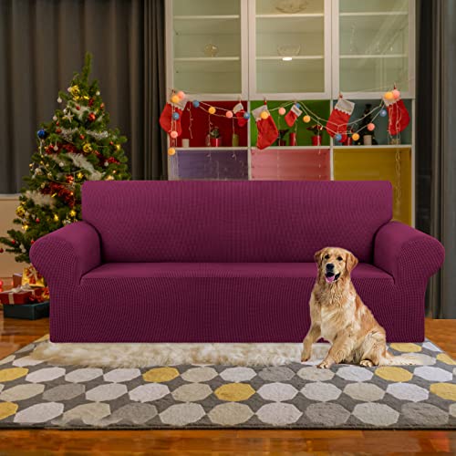 KEKUOU Stretch Sofa Cover Slipcover ,Couch Covers for 3 Cushion Couch Sofa pet Friendly (78"-94") Furniture Protector Sofa with Elastic Bottom for Kids,Dog, Jacquard Small Checked(Large,Wine)