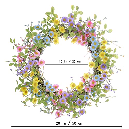 Diyfloru 20" Artificial Spring Wreaths For Front Door Daisy Wreath With Eucalyptus Leaves Handmade Spring Summer Floral Wreath Colorful Daisy Wreath For Indoor Outdoor Home Decoration #TOP1