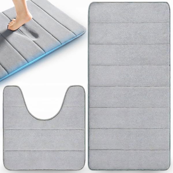 Retoo Badezimmerteppich Set 2 Teilig, mit Memory-Schaum, Badematten aus Mikrofaser rutschfest absorbierender und schnelltrocknende, Teppich für Badezimmer, WC, Deko, waschbar, Grau