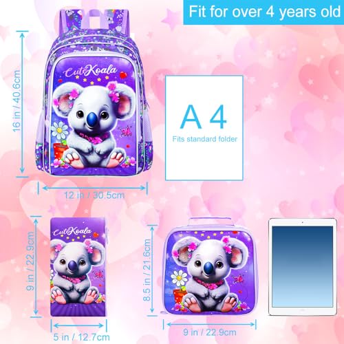 Image of CCJPX 3PCS Backpack for Girls, 16 inch Koala Preschool Bookbag with Lunch Box,Kids Water Resistant School Backpacks for Elementary Kindergarten