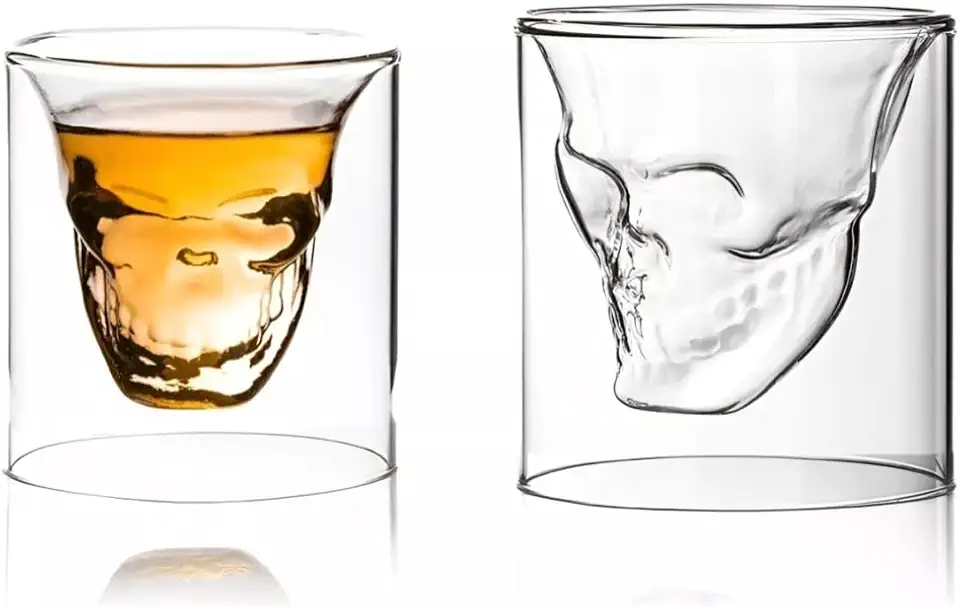 Jogo 2 Copos de Vidro 150ml Caveira Shot Dose Para Whisky Tequila Bebidas Gelada e Quente Parede Dupla