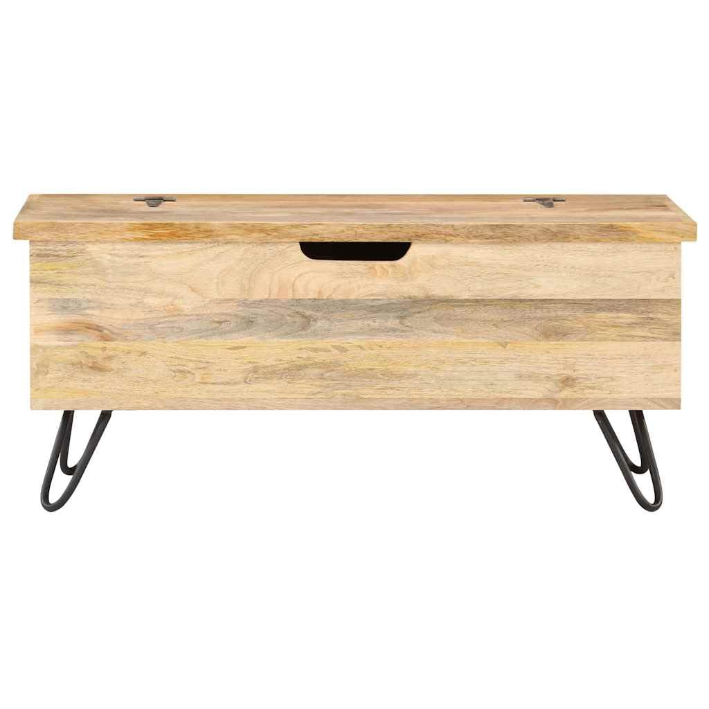 Baúl de madera maciza de mango con patas de acero, 90 x 40 x 45 cm, caja de almacenamiento con tapa, banco para pasillo, salón, dormitorio, habitación infantil, orden y espacio de