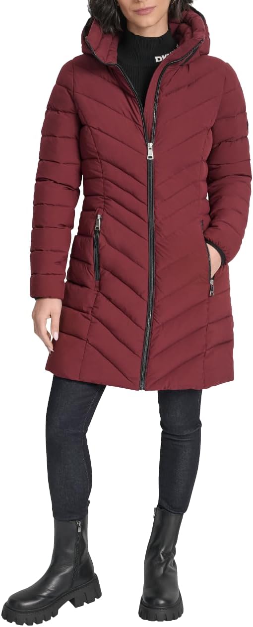 DKNY Women's Long Lightweight Hooded Puffer Jacket – Insulated Casual Outerwear