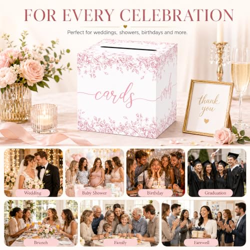 Image of Pink Floral Wedding Card Box with Slot for Baby Shower and Birthday