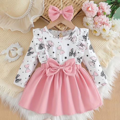 Baby Girl Dress Long Sleeve Bow Print Ruffle Top with Skirt and Matching Headband Outfit Set2