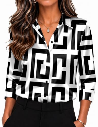 Image of Zeagoo Womens Blouses Satin Silk Tops 3 /4 Sleeve Button Down Shirt Geometry