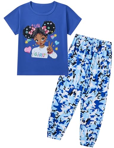 Image of mksodop Girls Outfit Set Graphic T Shirt and Camo Jogger Pants Cute Casual Clothes for Girls 5-16 Years