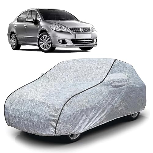 Image of Sulfar 100% Waterproof Car Body Cover Compatible with Mirror for Maruti Suzuki SX4 (Triple Stitched, Full Bottom Elastic, Magic Silver with Black Piping)