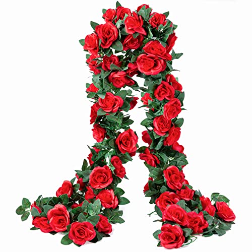 OWPFJG 2 Pack (16FT) Artificial Rose Vine Fake Flowers Garland Hanging Silk Rose Ivy Plants Vine for Mothers Day Wedding Arch Party Garden Wall Aesthetic Art Dcor (Red)