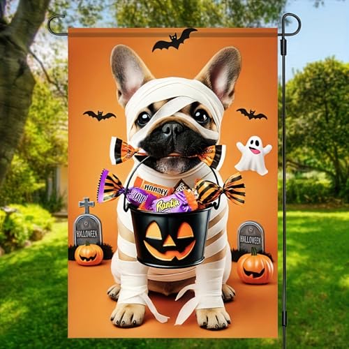 Image of Halloween Decorations Outdoor Garden Flag 12x18 Inch Double Sided French Bulldog Dog Pumpkin Ghost Fall Decor Yard Lawn Porch Patio Halloween Garden Flags