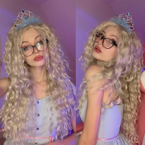 Image of GNIMEGIL 26 Inch Long Blonde Curly Wigs for Women Golden Wig Wavy Synthetic Wig Heat Resistant Looking Natural Hair Halloween Costume for Girls Cosplay