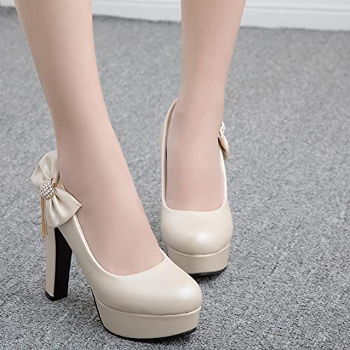 BEAUPAS Women's Platform Chunky Heel Round Toe Block High Heels Pumps Cute Bow Shoes4