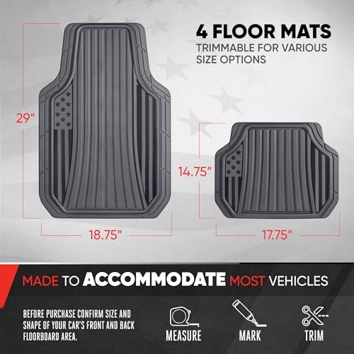 Image of MotorTrend Black Flag Rubber Floor Mats - All Weather Car Mats with American Flag Stars & Stripes Design, Heavy-Duty Automotive Floor Mats for Cars, SUVs & Trucks Grey /Black