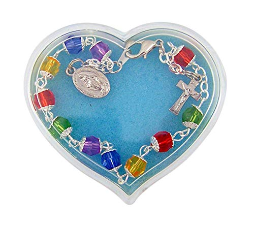 Image of Rainbow Acrylic Rosary Bracelet with Cross and Miraculous Medal Charms in Heart Shaped Box, 8 Inch