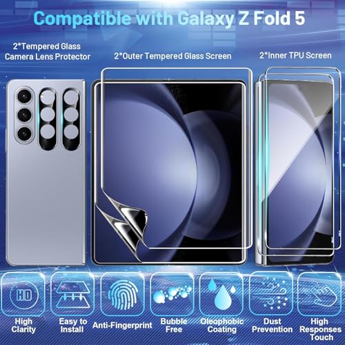 Image of [2Set 6PCS] Screen Protector Compatible with Galaxy Z Fold 5 5G, 2 Inner TPU Films + 2 Outer Tempered Glass + 2 Camera Lens Protectors, High Clarity, Anti-Shatter
