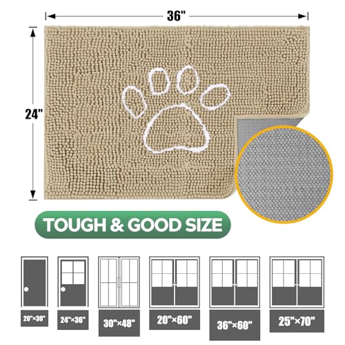 Dog Door Mat for Muddy Paws, Pet Rug Chenille Absorbent Outdoor Doormat 48"x 30", Non Slip Heavy Indoor Doormat Soft Front Inside Doormats for Entryway, Mud Paws, Patio,Dog Paw Beige