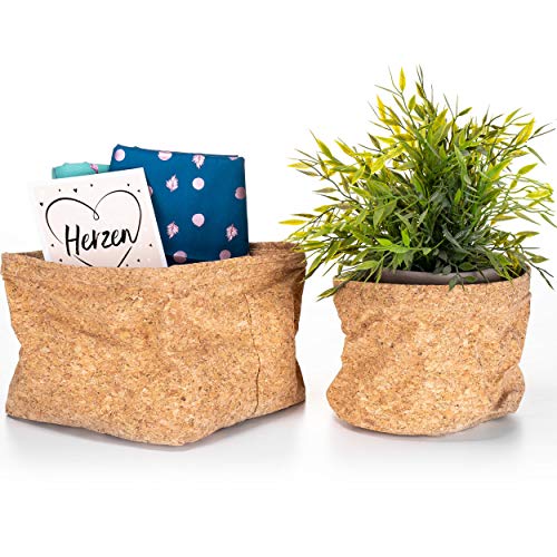 RSW24 Aufbewahrungskorb Set | 100% Kork | Faltbar | 20x20x16 cm + 18x14 cm | Aufbewahrungsbeutel