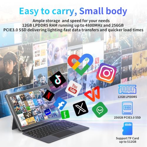 Image of AWOW 10.1 inch Tablet with Keyboard, 2-in-1 Mini Laptop Tablet PC, Intel N150, 12GB RAM 256GB SSD, in-Cell Display, 36W PD Fast Charging, WiFi 6, BT 5.0, HDMI, Type-C, 8MP+5MP Camera