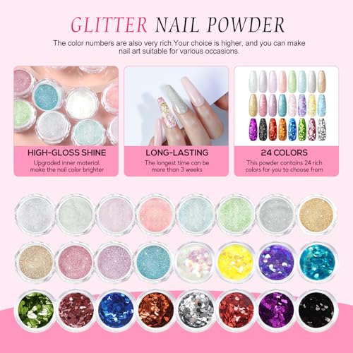 Acrylic Nail Kit with Drill and U V Light, Professional Acrylic Nail Kits with Everything 3PC Powder 24PC Glitter 200Pcs Nail Tips Nails Art Decoration DIY Home Salon4