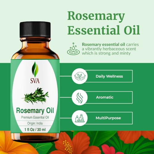 Image of SVA Rosemary Essential Oil - 1 Fl Oz - 100% Natural Rosemary Oil for Hair, Face, Skin Care, Diffuser, Aromatherapy, Scalp, Body Massage, Soap and Candle Making - with Dropper