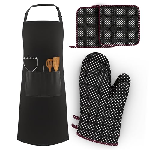 LEFUNDA 5-teilige Küchenset umfasst eine verstellbare BBQ-Schürze mit 3 Taschen Ofenhandschuhe und Topflappen konzipiert für Hobbyköche Restaurants und Cafés.