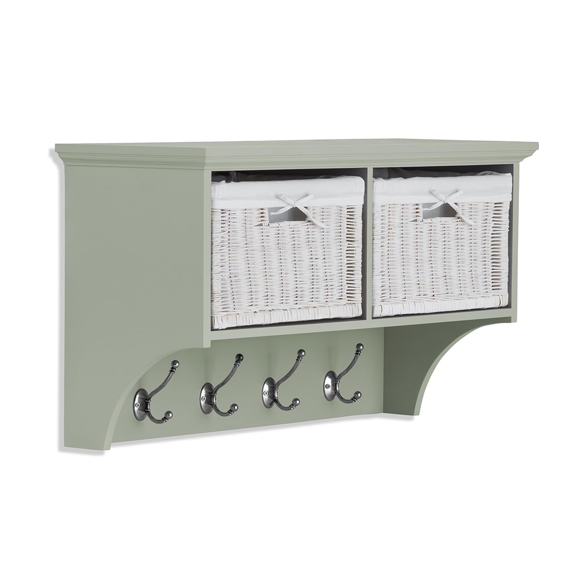 Statement Furniture Sage Green Tetbury Wall Mounted Coat Rack With Storage Baskets | W78 H43 D28 Cm | 2 Wicker Baskets, 4 Hooks | Fully Assembled Quality Hallway Hanging Shelf (Sage Green)