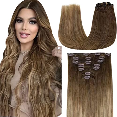 LAAVOO Brown Real Human Hair Extensions Clip in Human Hair 14 Inch Balayage Medium Brown to Light Brown Mix Golden Brown Human Hair Extensions Clip ins Thick Silky Soft 7Pcs/120G