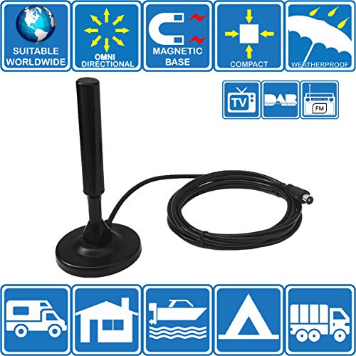 PorTA-Magnet Antenna TV HD digitale omnidirezionale per interni / esterni, UHF, FM e DAB con base magnetica. Ideale in tutto il mondo per camper Camion Caravan Barca Campeggio di Unispectra®