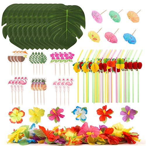 LIHAO 184 Piezas Hawaianas Decoraciones para Fiestas Tema Tropical de la Selva...