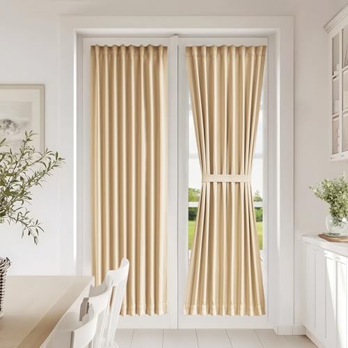 Vatge Self-Adhesive French Door Curtains - No Drill Rodless Blackout Curtain for Glass Doors, 1 Panel, W25 x L72, Beige