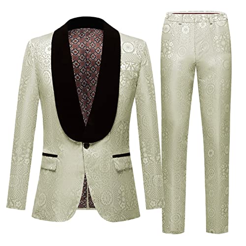 Men's Luxury Partten Printed Suit Shawl Lapel Blazer Pants Fashion Slim Fit Wedding Tux