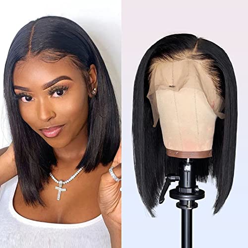 Human Hair Wigs Short Straight Bob Wigs 13x4 Lace Front Wigs Human Hair Wigs for Black Women 130% Density Pre Plucked with Baby Hair Knots Bleached Natural Black Color 8 Inch