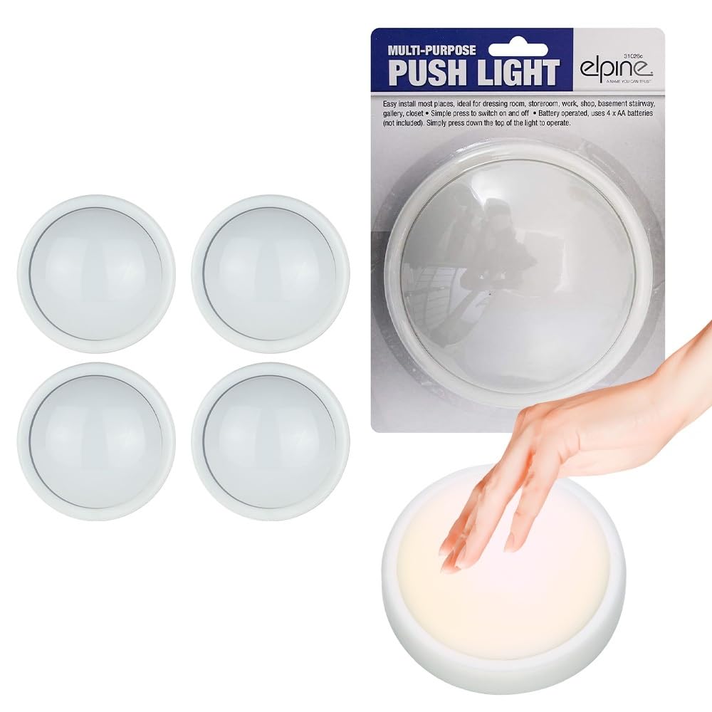 Set of 4 Push Lights Indoor - Multipurpose Indoor Home Torch Easy Install Bedroom Round | For Dressing room, Storeroom, Work, Shop, On and Off Switch | AA Battery Operated Light - 4 Pack