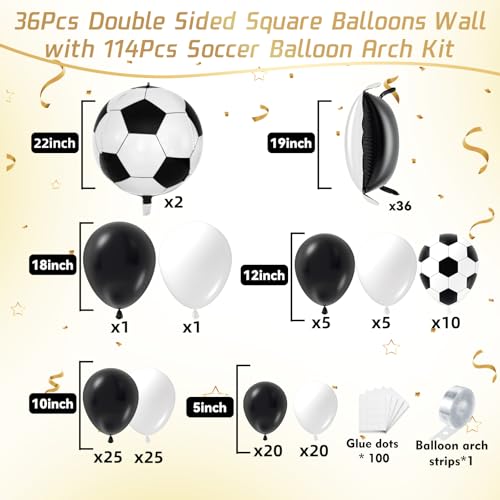 Image of 36pcs Black and White Square Foil Balloons Wall Backdrop with 114pcs Soccer Balloon Garland Arch Kit, Double Sided Balloons for World Soccer Boys Sports Theme Baby Shower Party Decorations Set