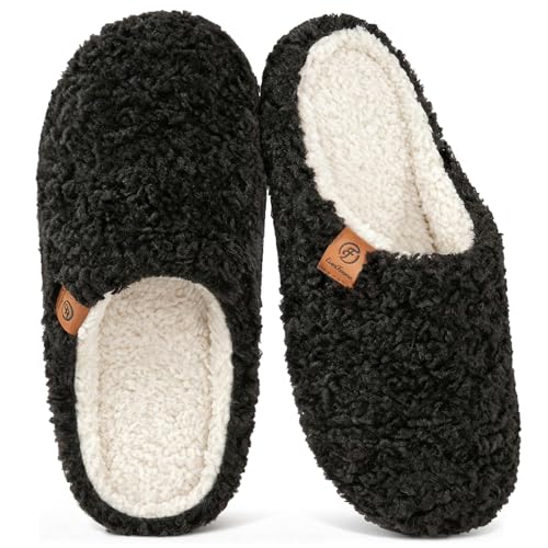 EverFoams Women's Fuzzy Slip-on Slippers Soft Comfy Memory Foam Indoor House Shoes Black,7-8 US