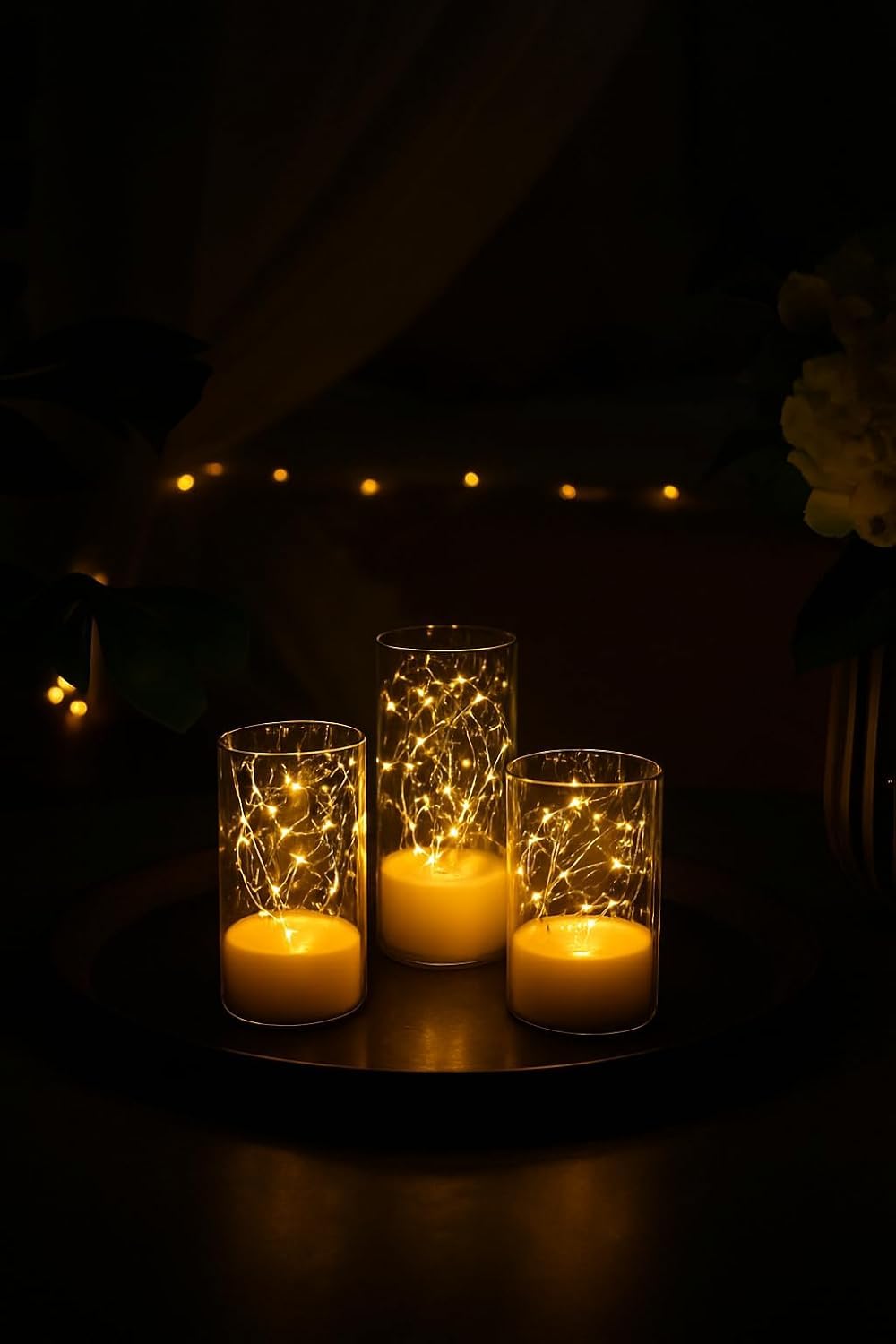 Flameless LED Pillar Candles Set of 3 | Real Wax Flickering Flame Battery Operated Candles | Warm Decorative Lights for Home, Bedroom, Living Room, Wedding, Diwali & Party Decor (Art Deco)-picture-23