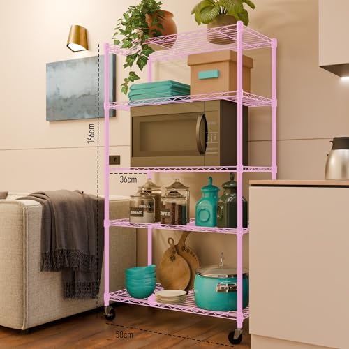 Image of 5-Shelves Wheels Heavy Duty Steel Storage Rack | Multipurpose Shelving Unit for Kitchen, Home & Utility