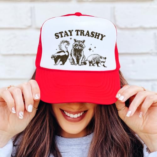 Image of Stay Trashy Funny Raccoon Graphic Classic 5 Panel Mesh Snap Back Trucker Hat