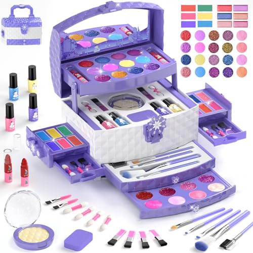 Image of GirlsHome Kids Makeup Set for Girl 56 Pcs Washable Real Cosmetic, Non-Toxic Frozen Toys Toddler Makeup Kit, Frozen Princess Dress up Kit Christmas & Birthday Girl Gift for 3-12 (Frozen Purple)