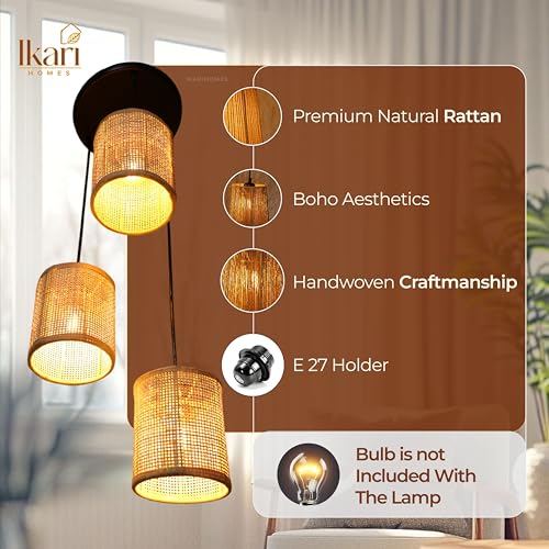 Image of Ikari Homes Rattan Chandelier 3 in1 Pendant Light, Natural Beige, Boho Style, E27 Base, Chandelier for Living Room I Dining I Bedroom I Balcony I Adjustable Wire - (Bulbs not Included) (SQ Mesh)