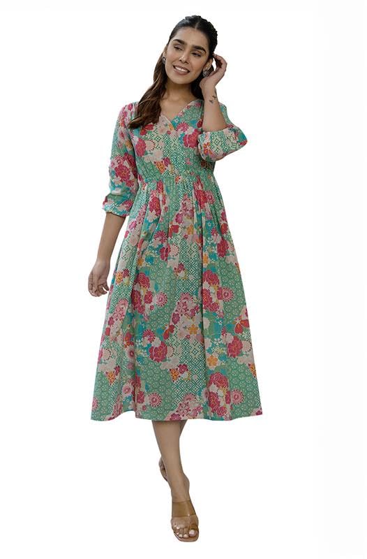 Image of Janasya Knee Length Women's Pure Cotton Floral Printed Fit & Flare Dress