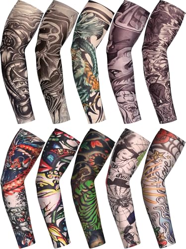 Boao 20 Pcs Men's Cooling Arm Sleeves Long Fingerless Arm Cover Anti Slip UV Protection Sun Temporary Tattoo Sleeves(Medium,Novelty Style)