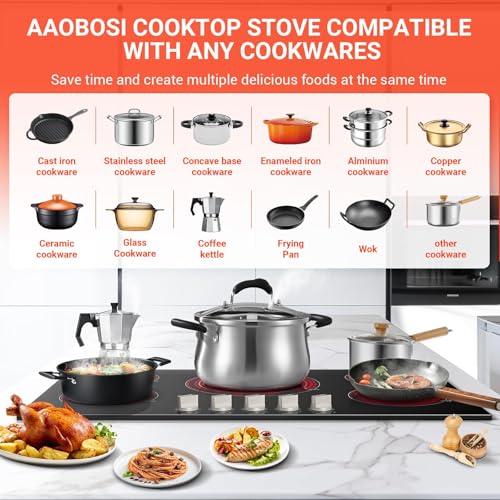 AAOBOSI 36 Inch Electric Cooktop 5 Burners, Upgraded 9000W Knob Control Built-in Ceramic Cooktop,Electric Stove Top,9 Heating Level, Chlid Lock Timer, ETC&FCC 220V~240V for Hard Wire(No Plug) by AAOBOSI - Image 3