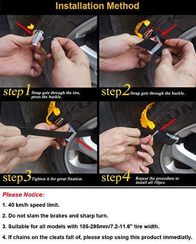 BiBOSS Snow Chains 10 Pcs Anti Slip Tire Chains Adjustable Security Emergency Car Tire Chains Fit for Most Car SUV Truck Vans,185-295mm/7.2-11.6''